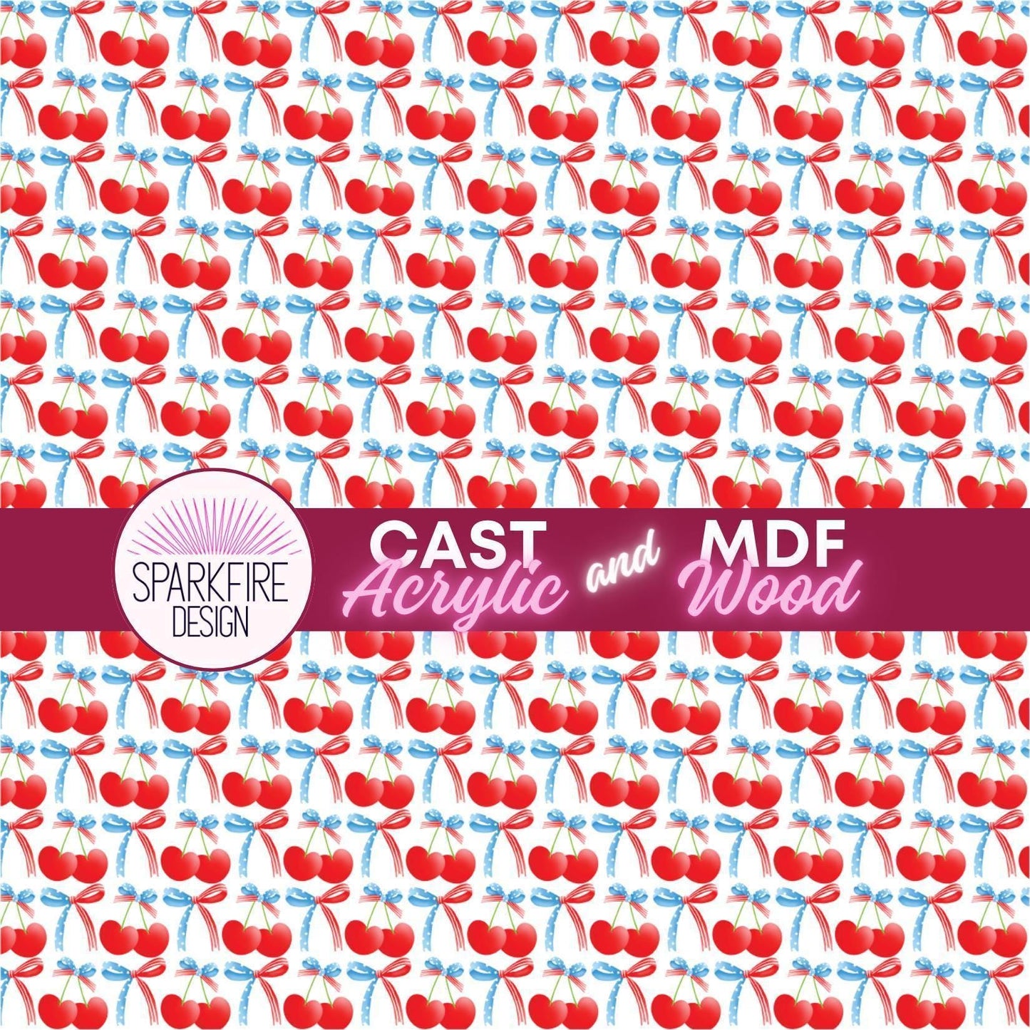 Red, White and Blue Cherries Patterned acrylic sheet for laser cutting. The pattern is patriotic, 4th of July, and patriotic.