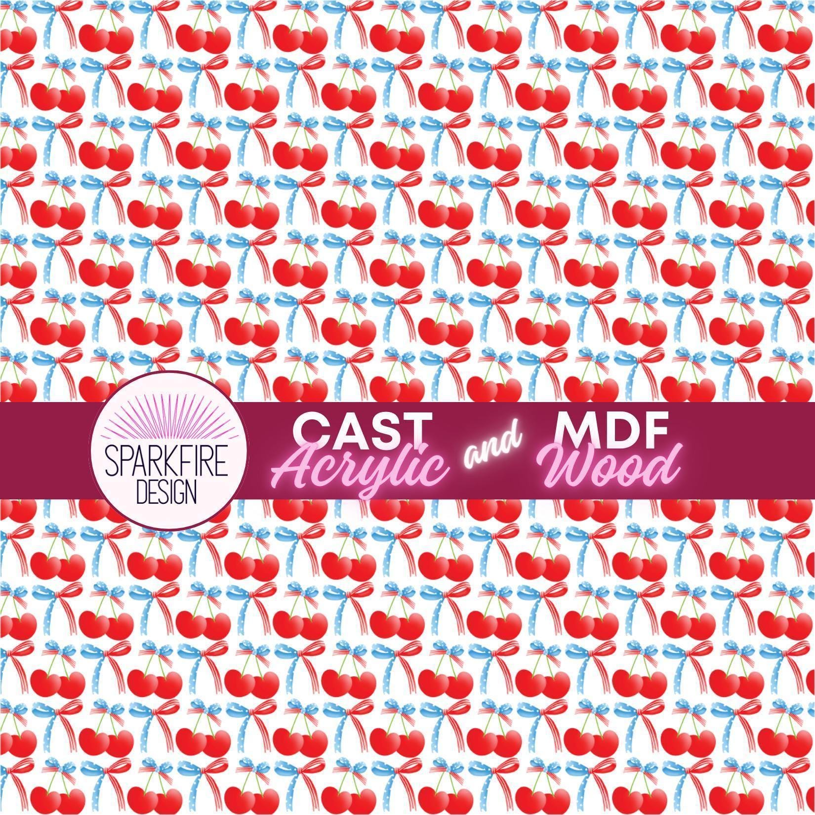 Red, White and Blue Cherries Patterned acrylic sheet for laser cutting. The pattern is patriotic, 4th of July, and patriotic.