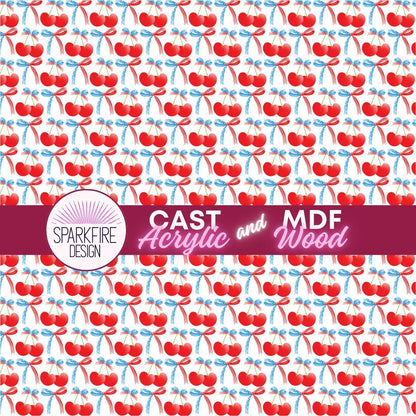 Red, White and Blue Cherries Patterned acrylic sheet for laser cutting. The pattern is patriotic, 4th of July, and patriotic.