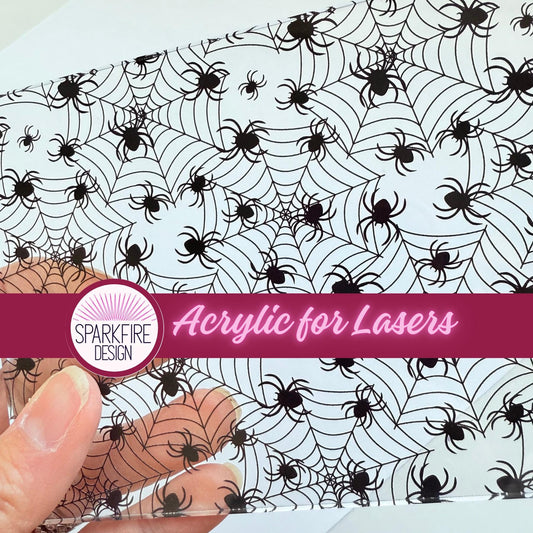 Spider Web Halloween Acrylic, Scattered Web Halloween Clear Acrylic, UV Printed Acrylic for Lasers for Jewelry, Acrylic for Lasers Glowforge